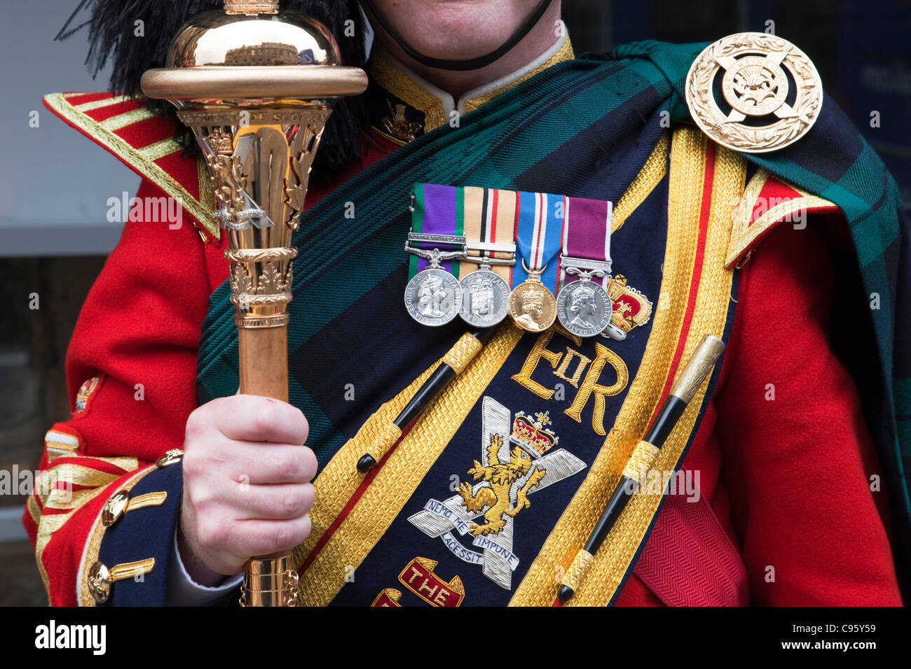 Scotland, Edinburgh, The Royal Mile, Military Parade, Detail of Military Bandsman Costume Stock Photo
