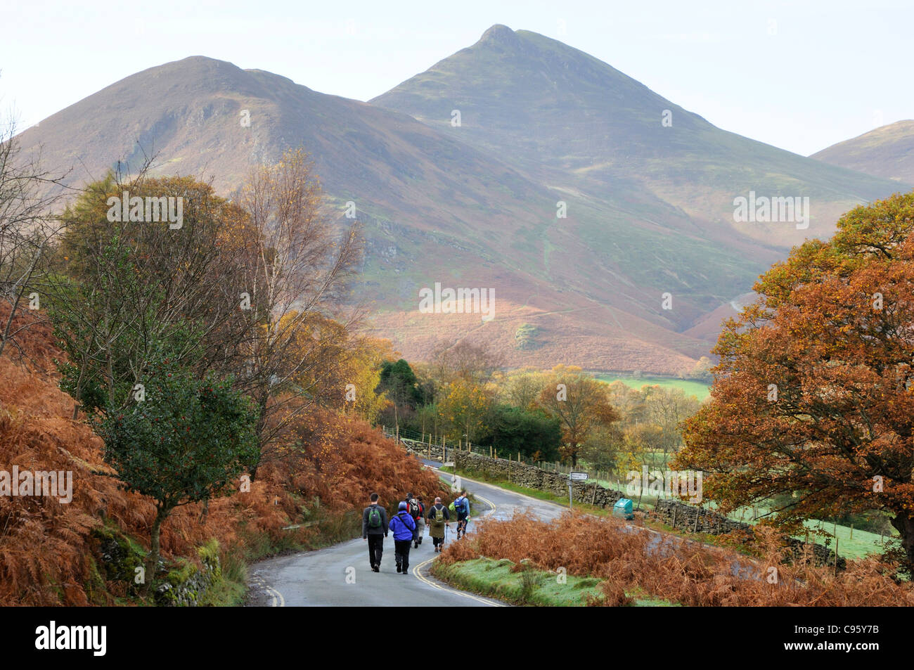 Walkers on a road near Hawes End with Causey Pike in the background Stock Photo