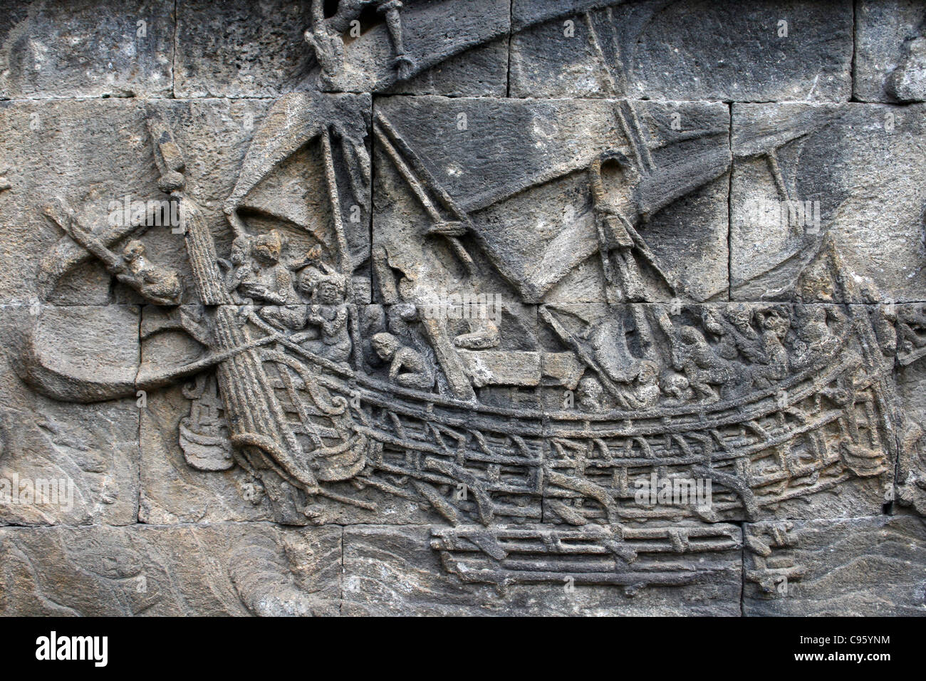 A Bas Relief Stone Carving Of The Borobudur Ship, Stock Photo