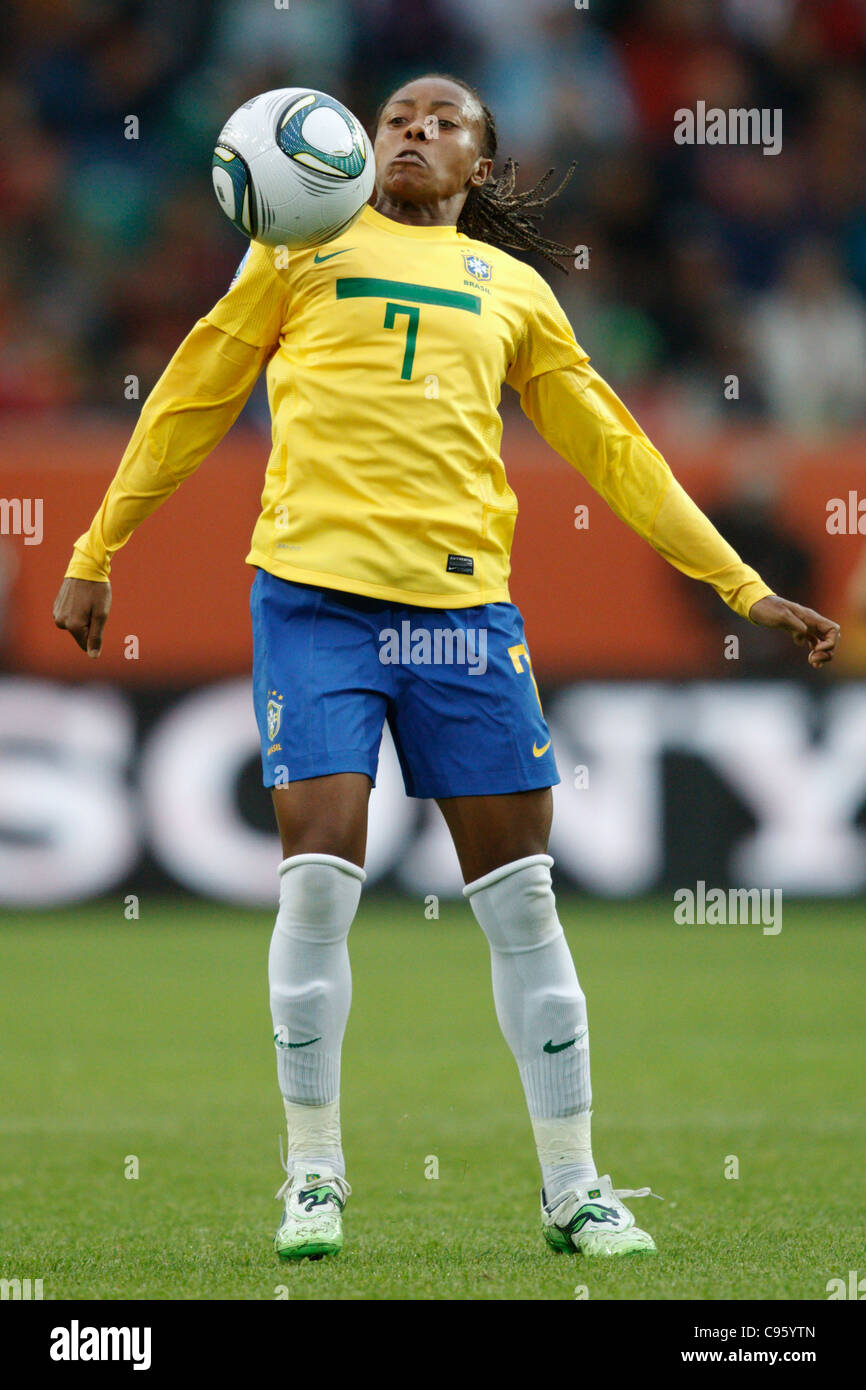 Ester of Brazil brings the ball down during a 2011 FIFA Women's World Cup Group D match against Norway at Arena Im Allerpark. Stock Photo