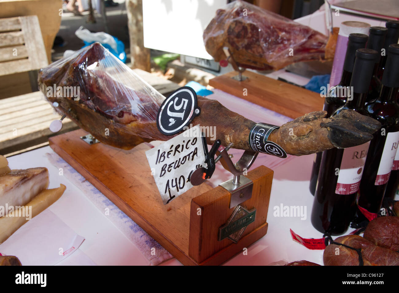 Ham Iberico Bellota displayed for sale Stock Photo