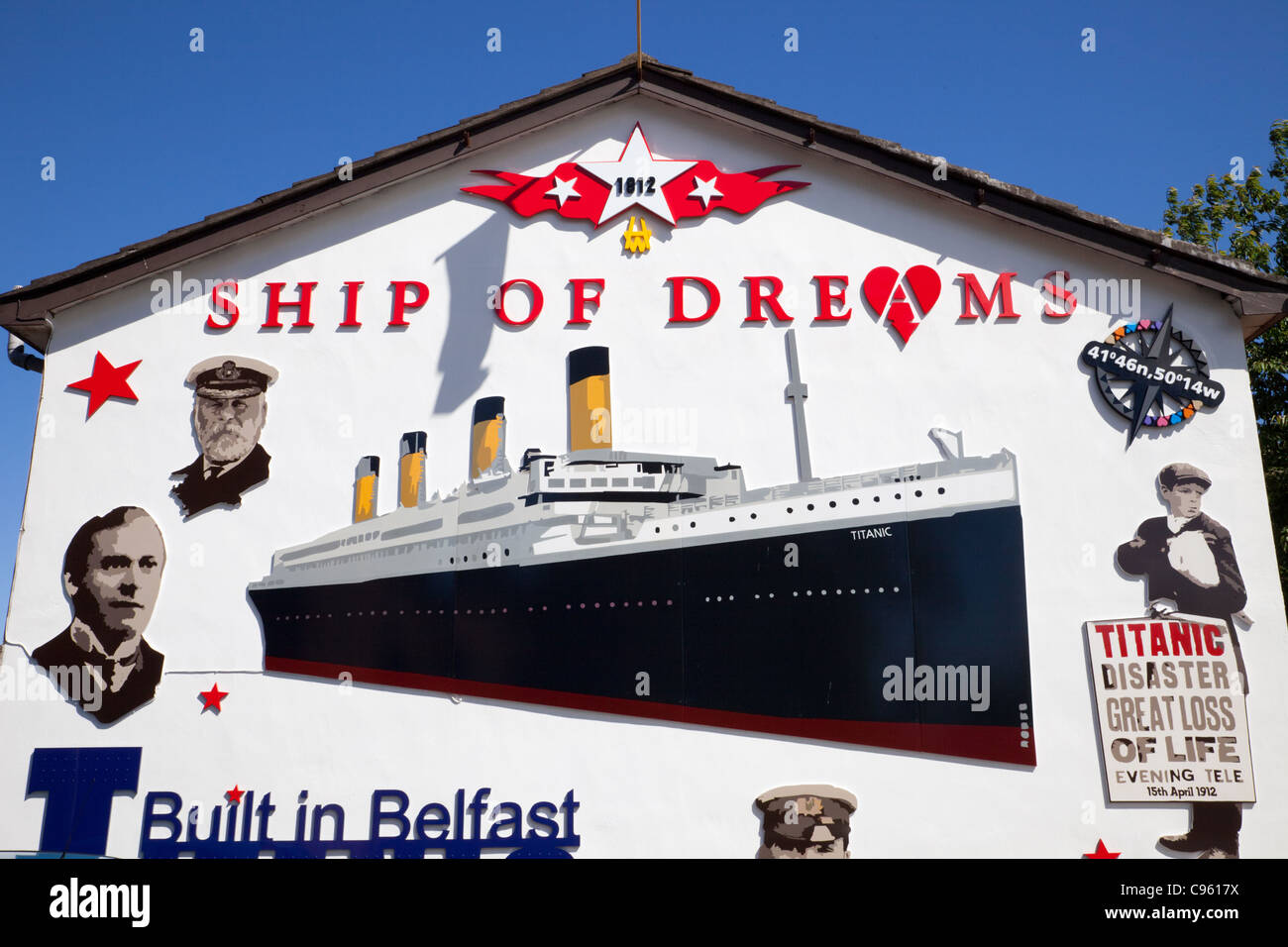 Northern Ireland, Belfast, Wall Mural depicting the Titanic in East