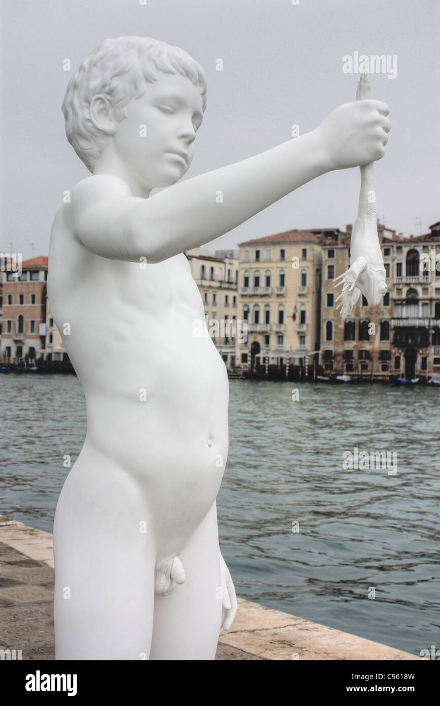 'Boy with frog' by Charles Ray, sculpture of Biennale 2009, at Punta della Dogana, Venice, Italy Stock Photo