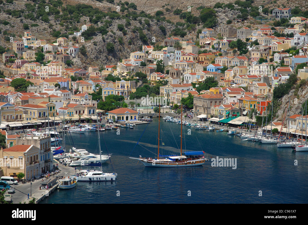 Port of Symi, Greek Island of Symi, Aegean Dodecanese Island Group, Greece. Stock Photo