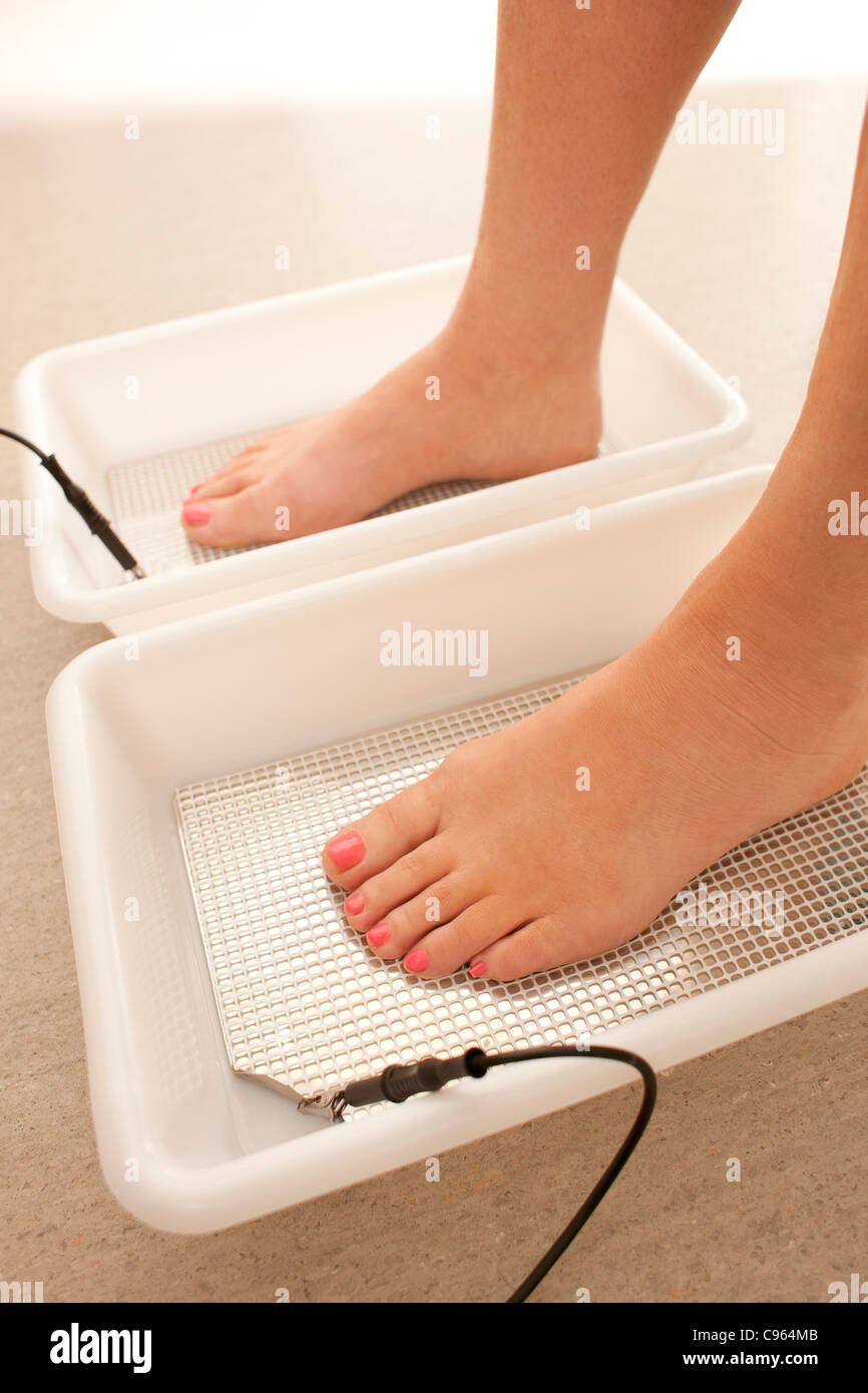 Iontophoresis. This is a treatment for excess sweating of the feet. Stock Photo