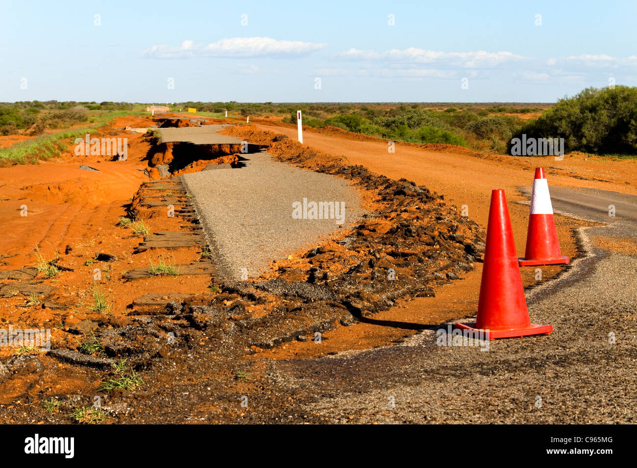 Road that has been washed away during a flood, Northwest Australia Stock Photo