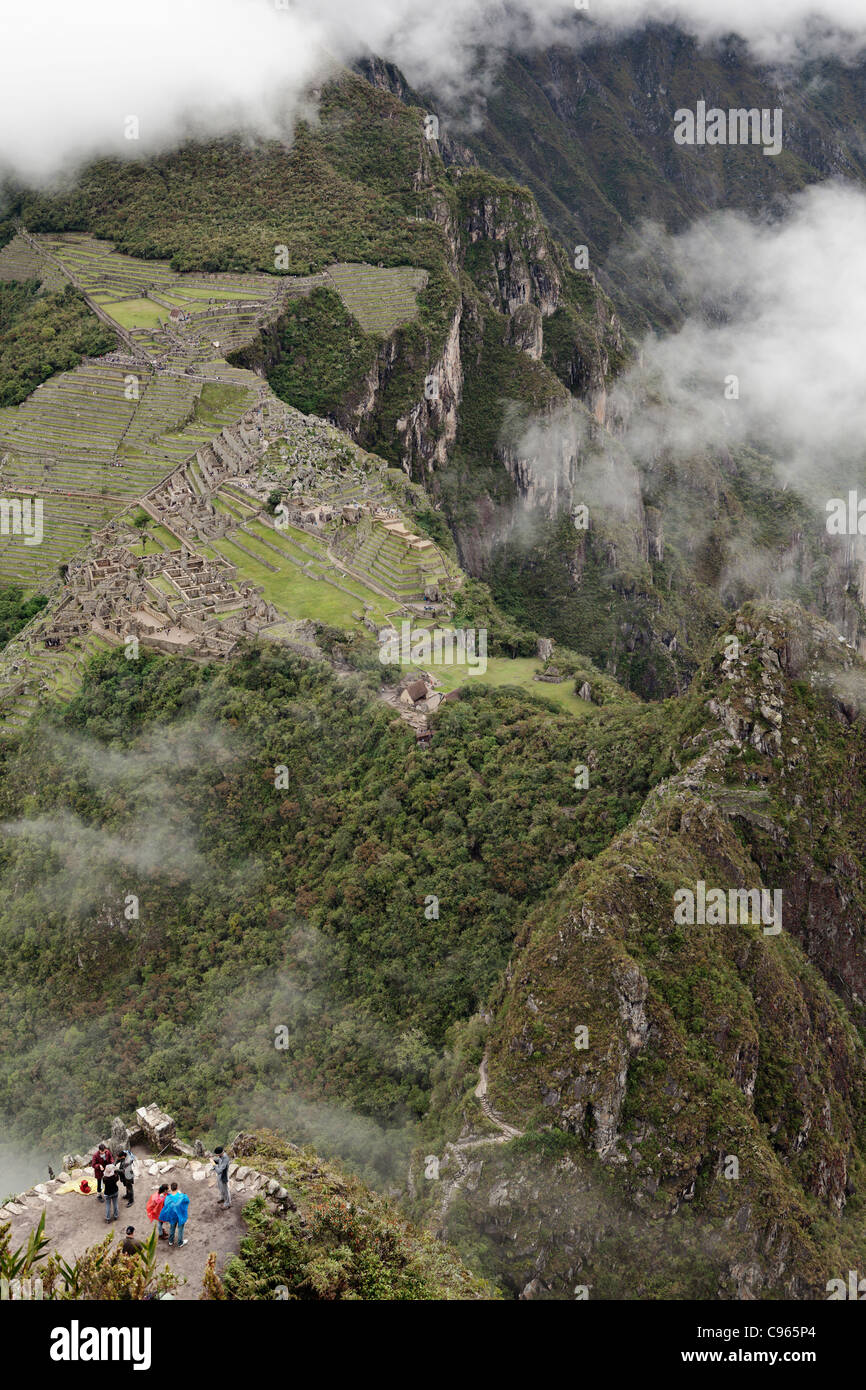 Machu Picchu, the most known tourist site in Andes mountains, Peru, seen from Wayna Picchu mountain top. Stock Photo