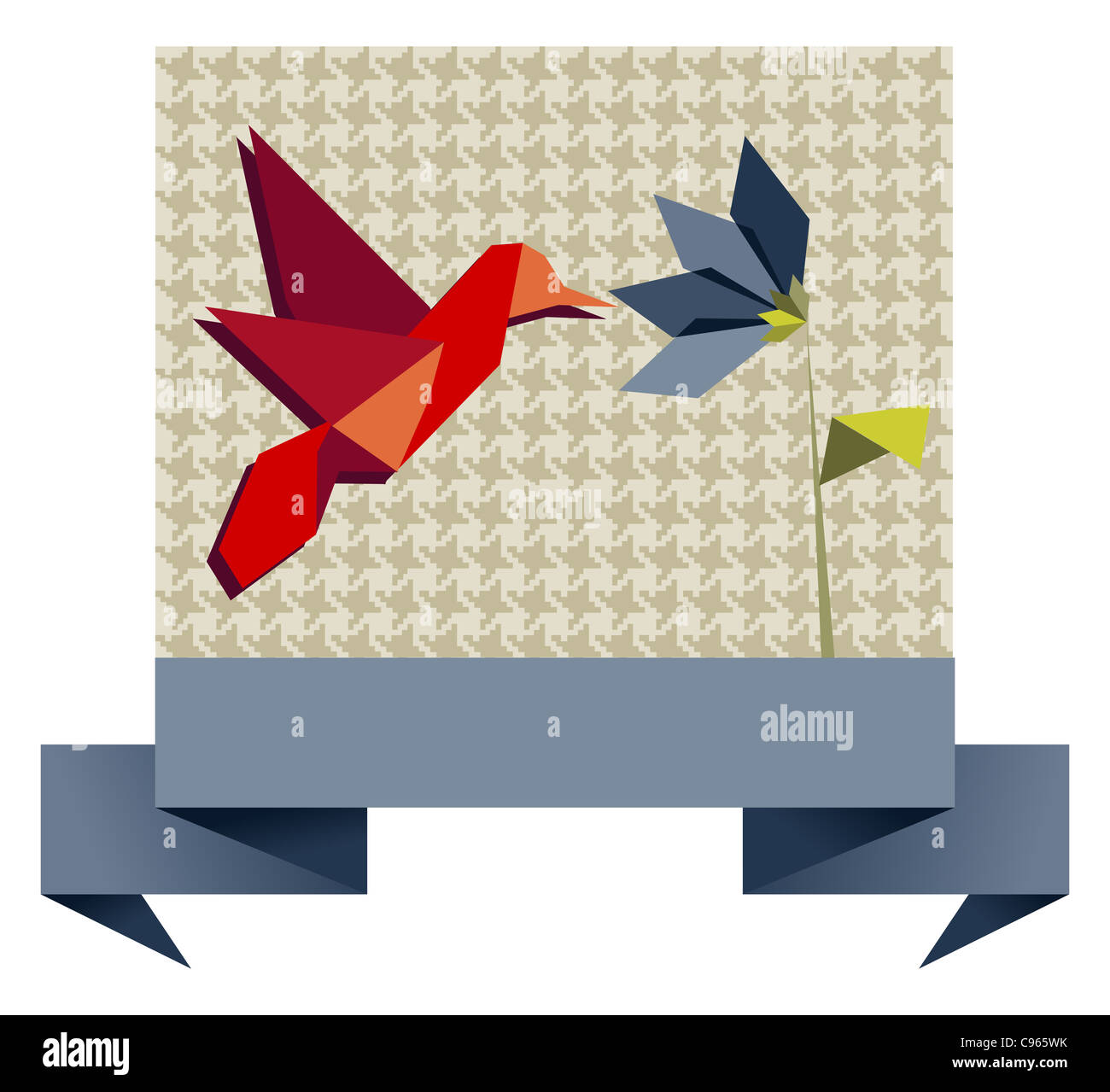 Single Origami hummingbird over textile seamless pattern background. Vector file available. Stock Photo