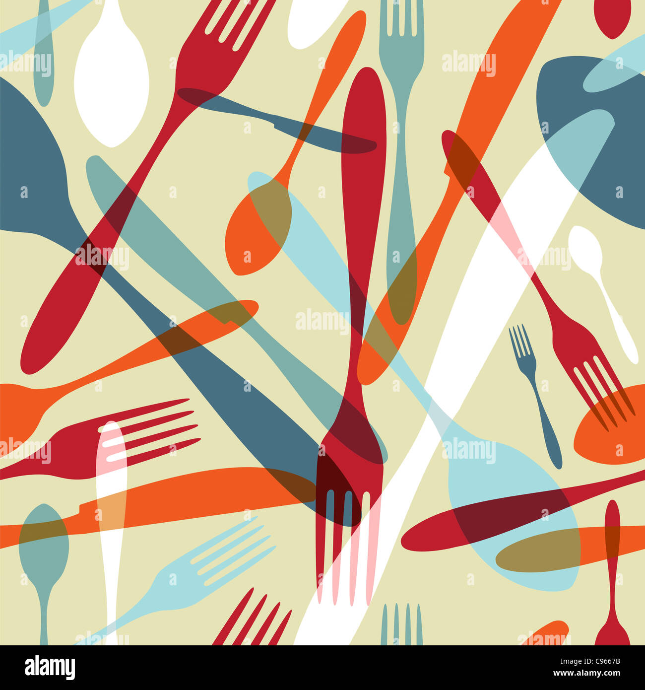 Transparency silverware icons seamless pattern background. Fork, knife and spoon silhouettes on different sizes and colors. Vector file avaliable. Stock Photo