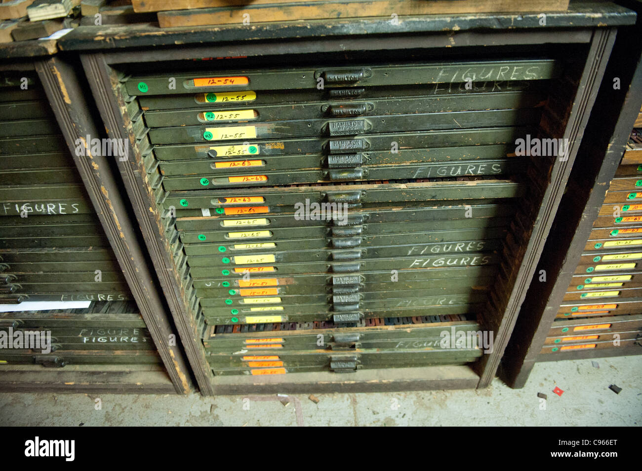 Drawers of lettering in print studio  Stock Photo