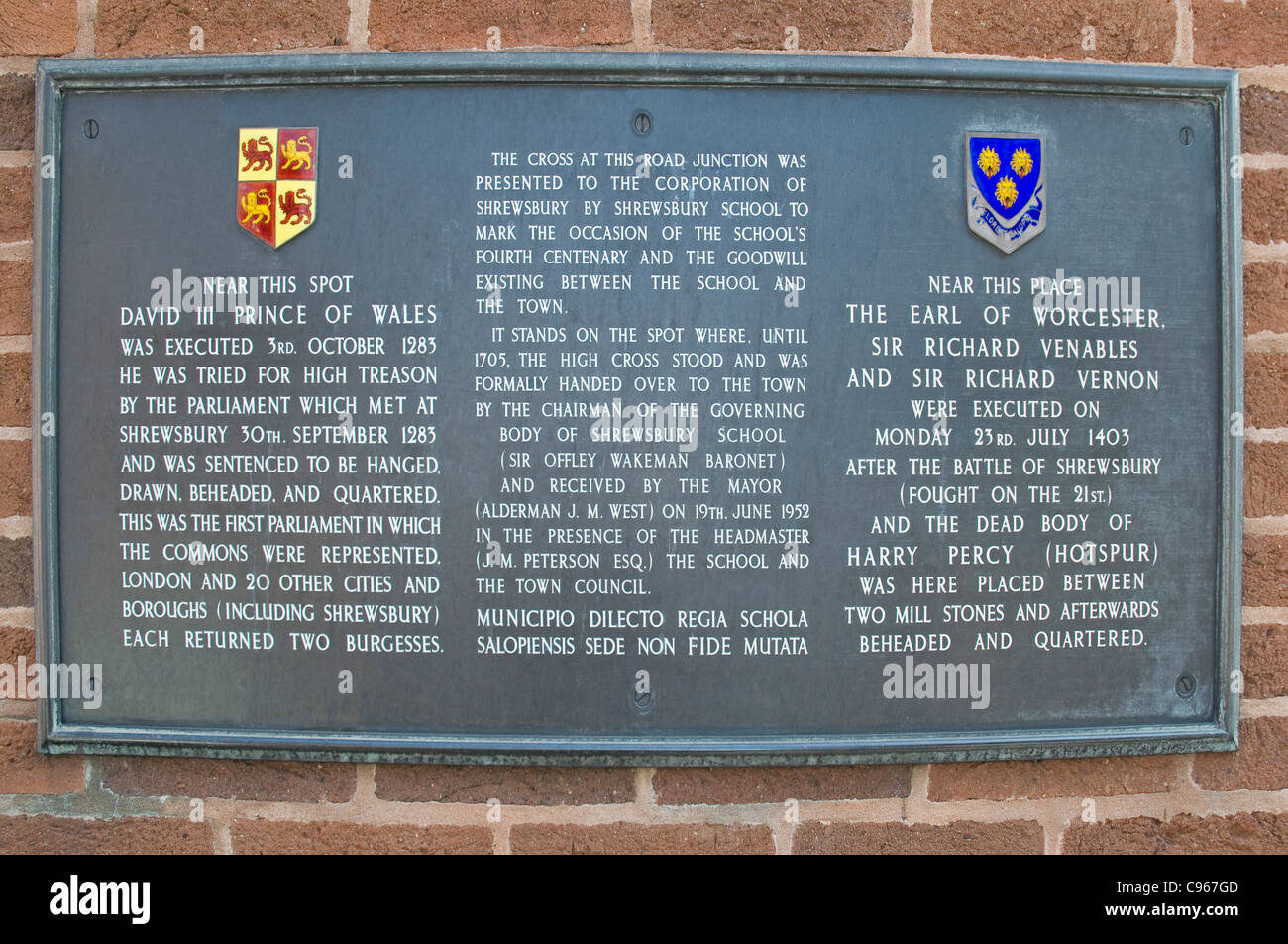 Wall plaque describing medieval executions in Shrewsbury, Shropshire Stock Photo