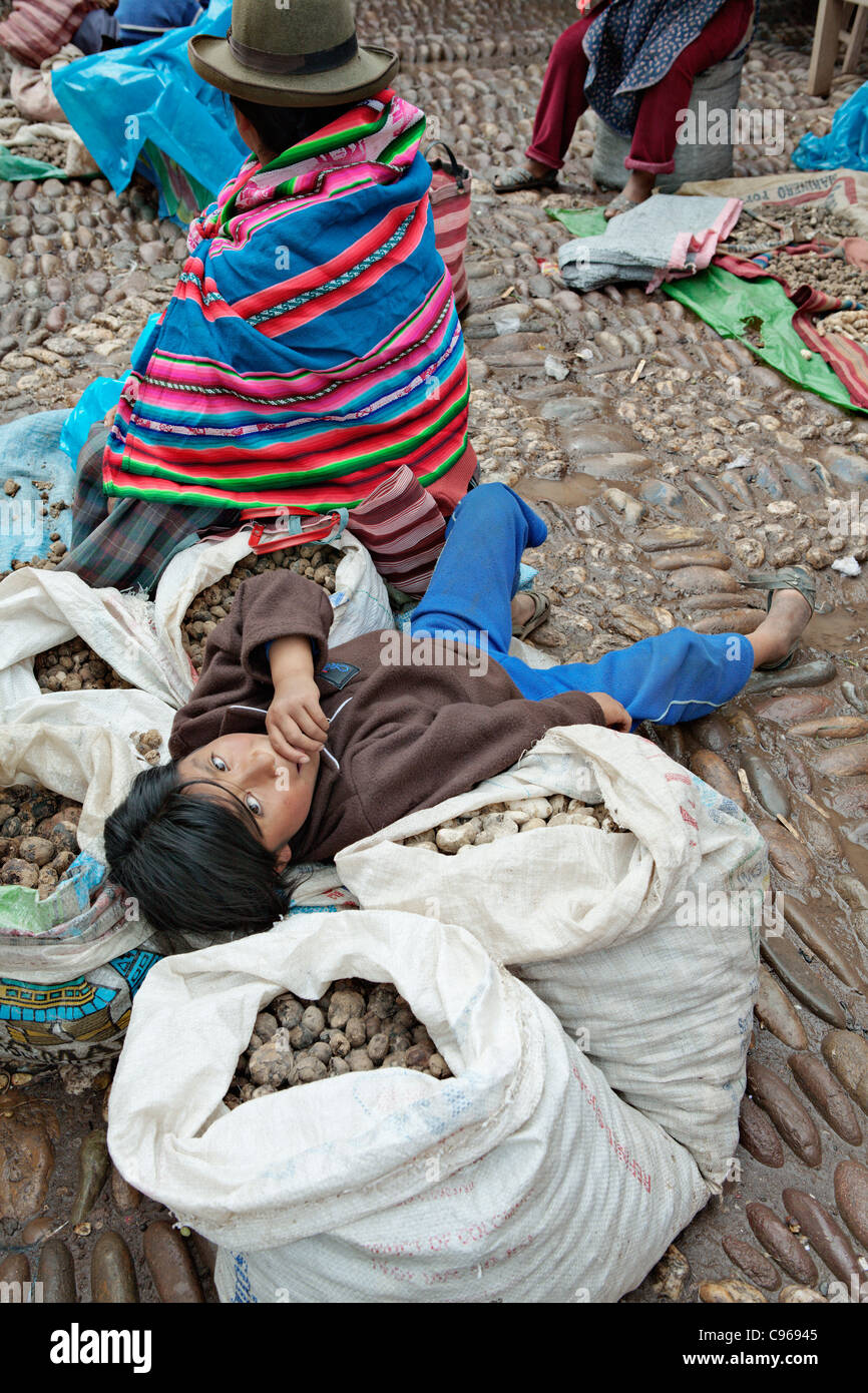 Woman selling potatoes at Pisaq (Pisac) market, Andes mountains, Peru. Stock Photo