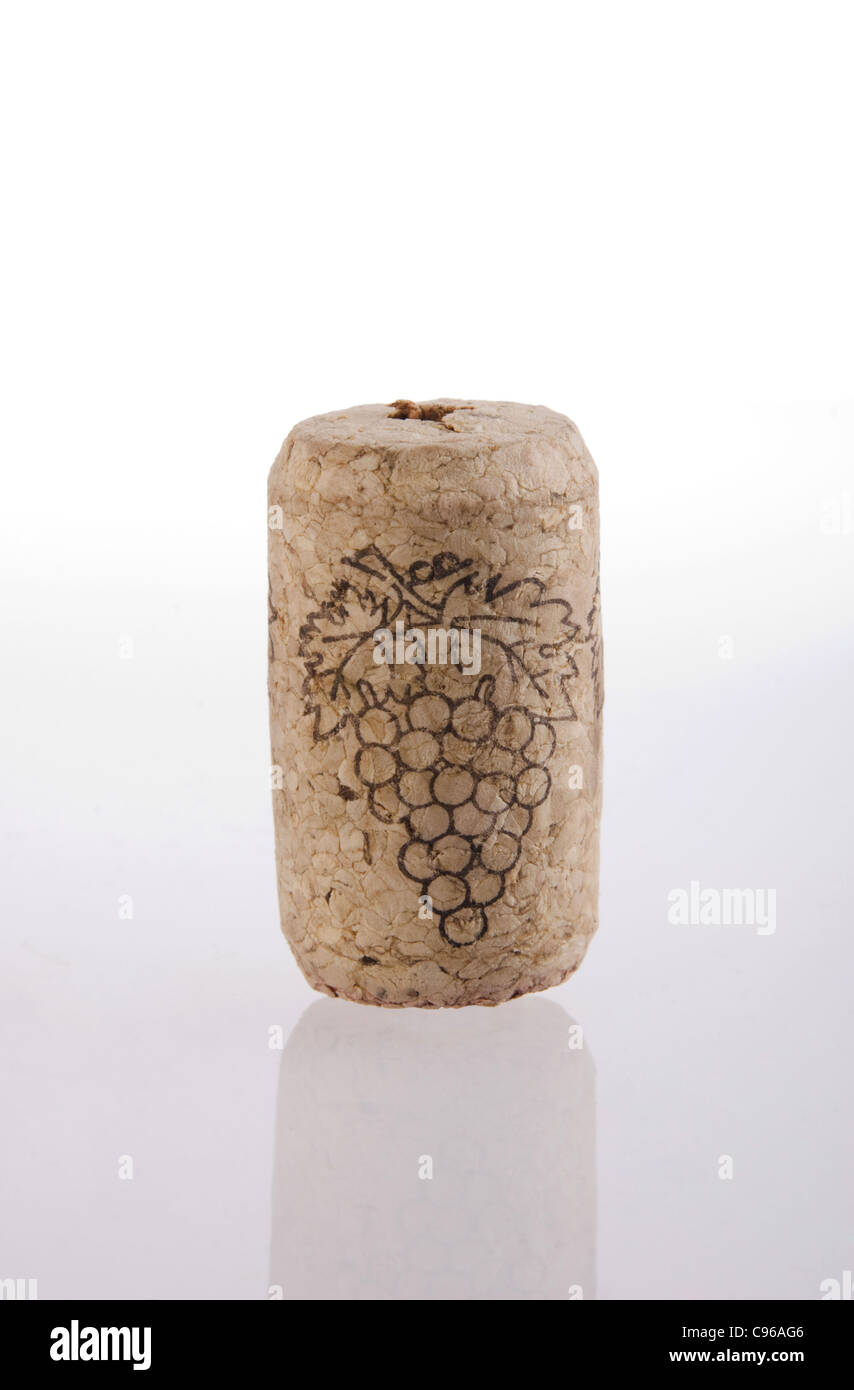 Cork wine with grapes engraving isolated on white background. Included clipping path, so you can easily cut it out and place over the top of a design. Stock Photo