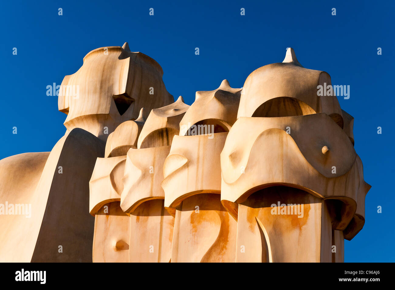 Ventilation towers on the roof of Casa Mila' or La Pedrera designed by architect Antoni Gaudi, Barcelona, Catalonia, Spain Stock Photo