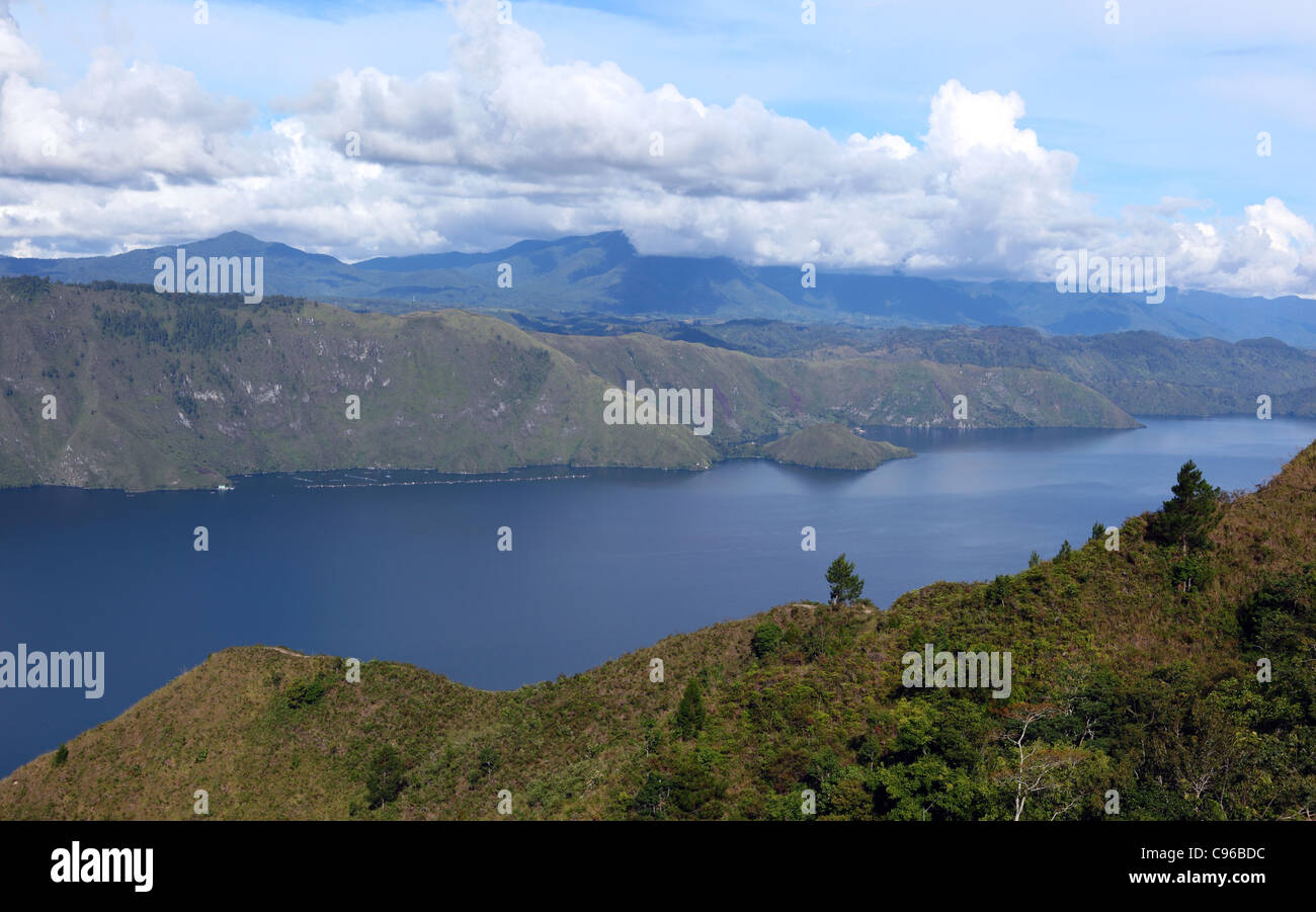 View from the summit of Samosir Island of Lake Toba, the largest volcanic lake in the world. Lake Toba, Sumatra, Indonesia Stock Photo