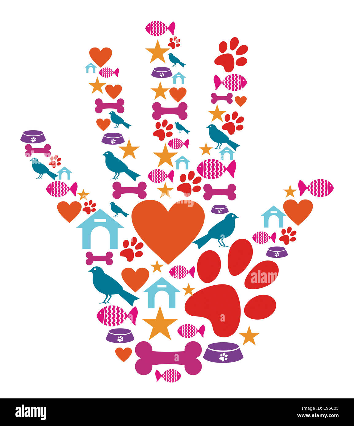 Human hand shape with animal pet protection icons set. Stock Photo