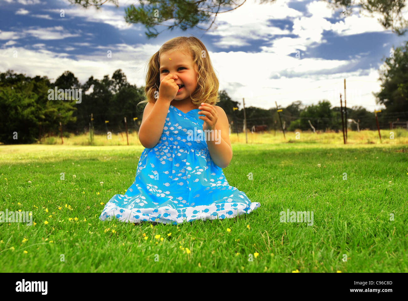 Little girl playing in the grass at a horse farm Stock Photo - Alamy