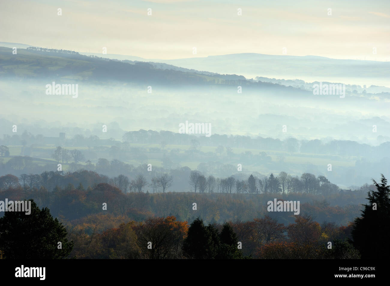 Early morning mist over the Ribble Valley from Longridge Fell Stock ...