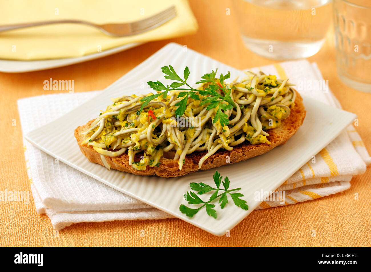 Elvers substitute with scrambled eggs on toast. Recipe available Stock