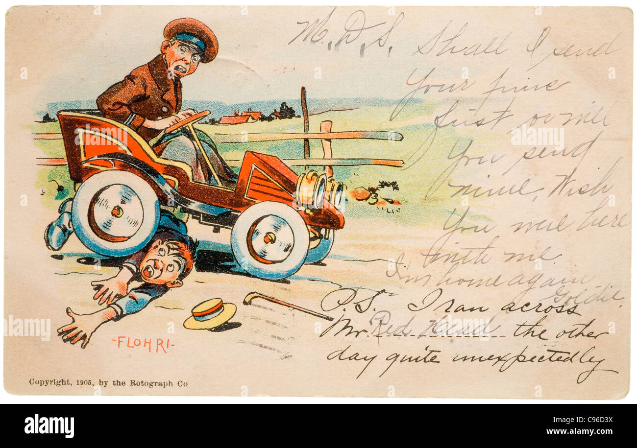 Vintage postcard of a car accident with handwritten note Stock Photo