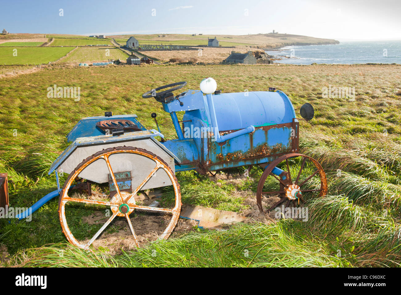 An old reconstructed tractor on the isle of flotta in the Orkney Isles, Scotland, UK. Stock Photo