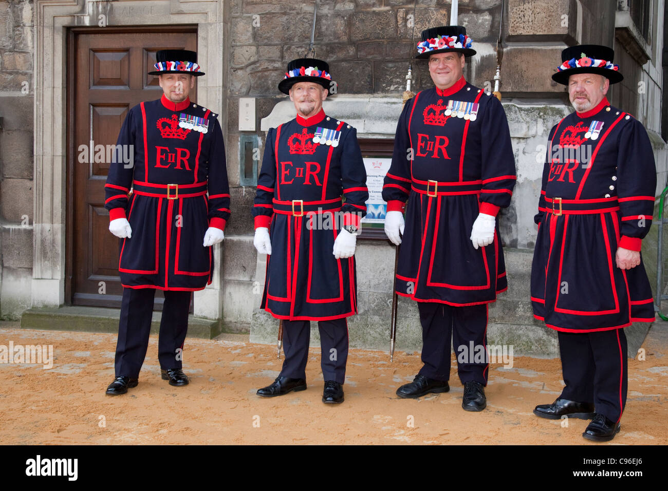 Lord Mayor's Show, City of London, 2011, four Yeomen or Beefeaters  from the Tower of London Stock Photo