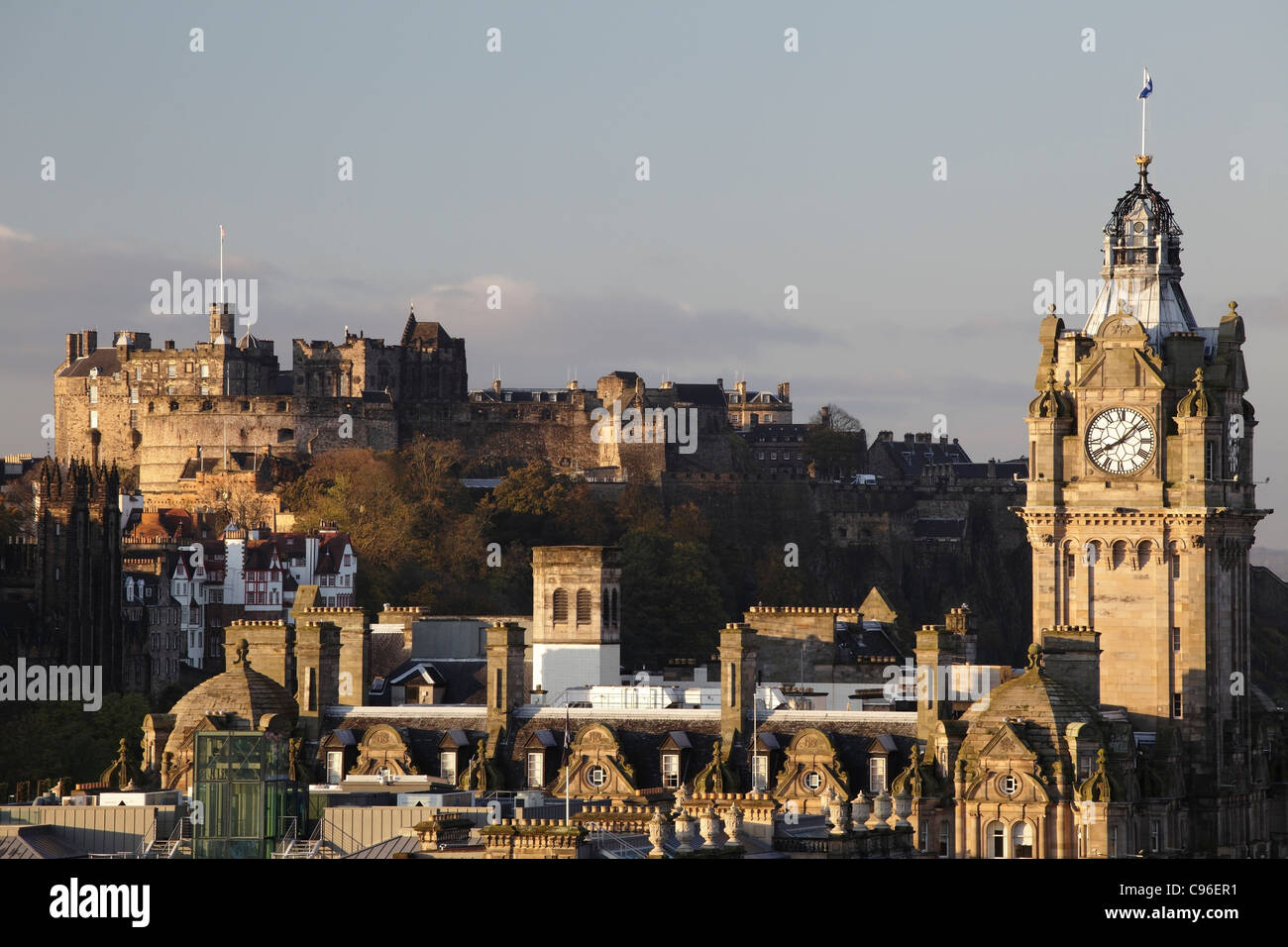 Looking across the Edinburgh skyline to the Castle at dawn, Scotland, UK Stock Photo