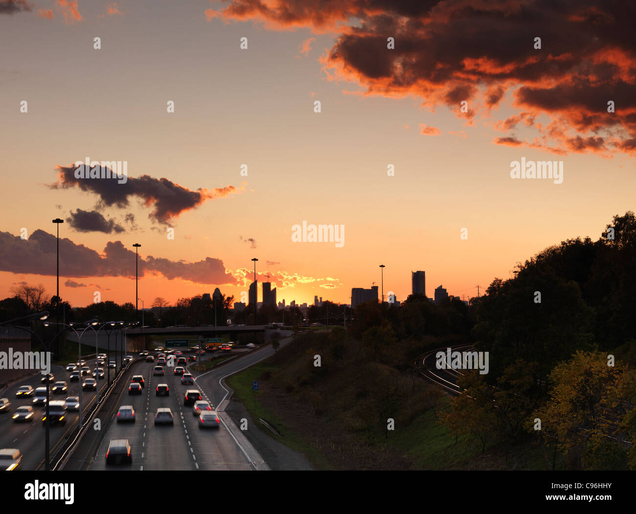 Sunset scenery of commute traffic at the Gardiner Expressway in Toronto, Ontario, Canada. Stock Photo