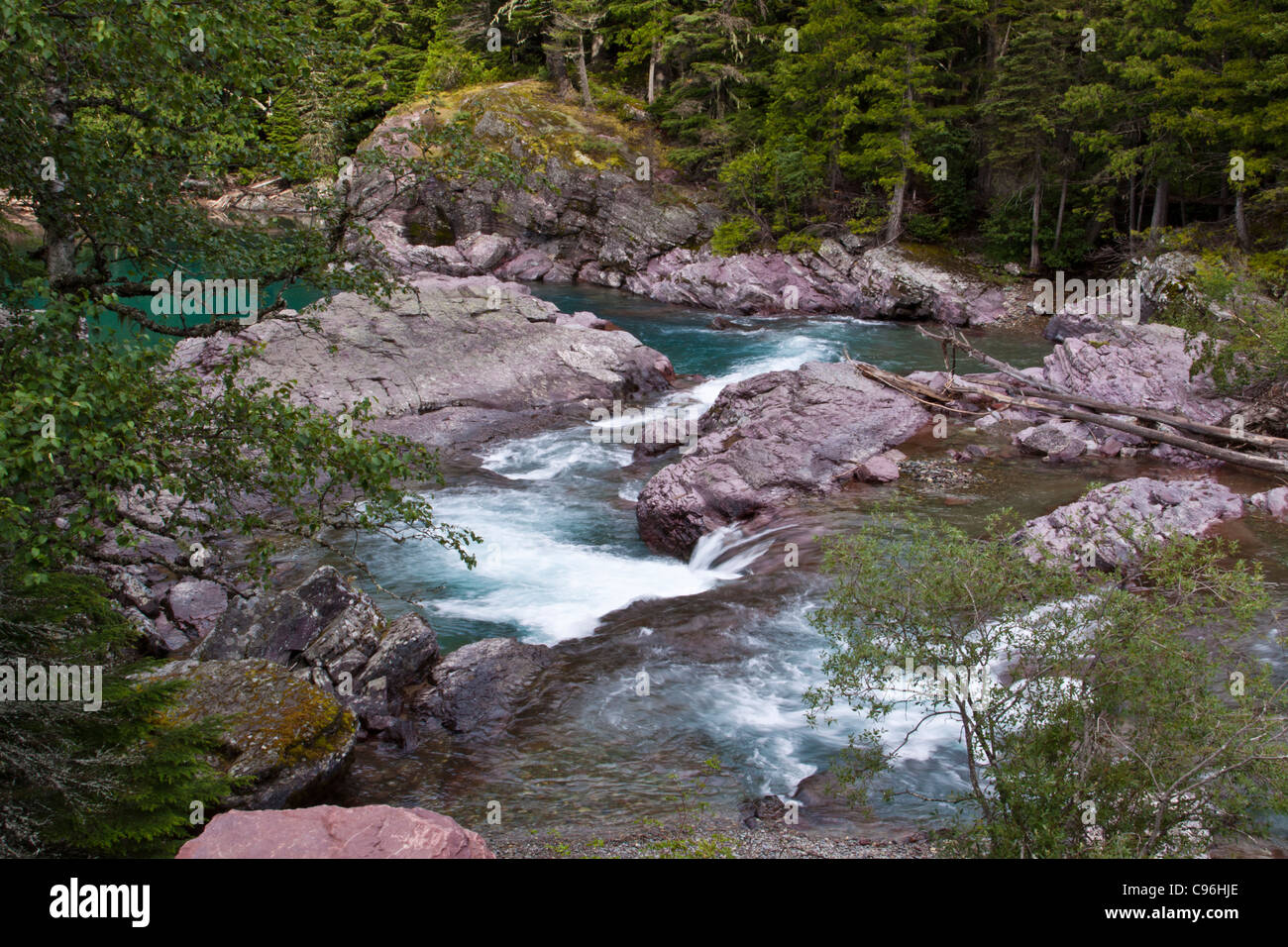 Rapids and rocks on 'Avalanche Creek' in Glacier National Park in Montana. Stock Photo