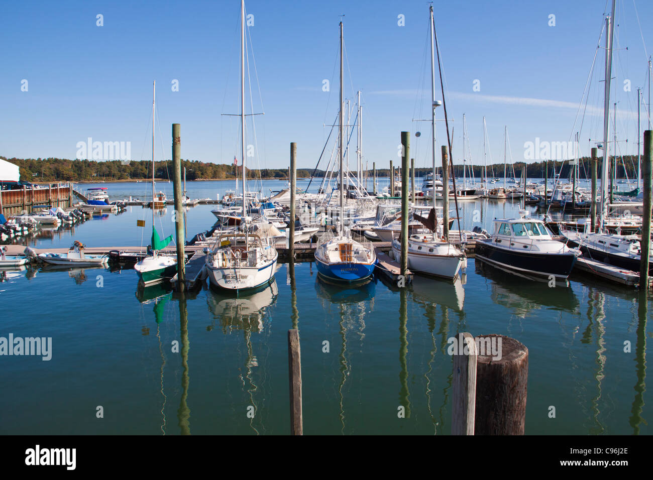 Fishing boats and other boats in South Freeport town harbor, South Freeport, Maine. Stock Photo