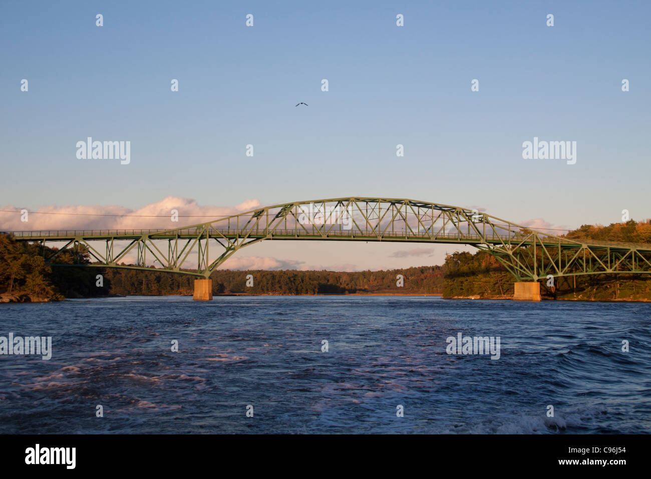 Bridge over the Sasanoa River (Tidal Channel) where it connects to Kennebec River at Arrowsic Island near Bath, Maine. Stock Photo