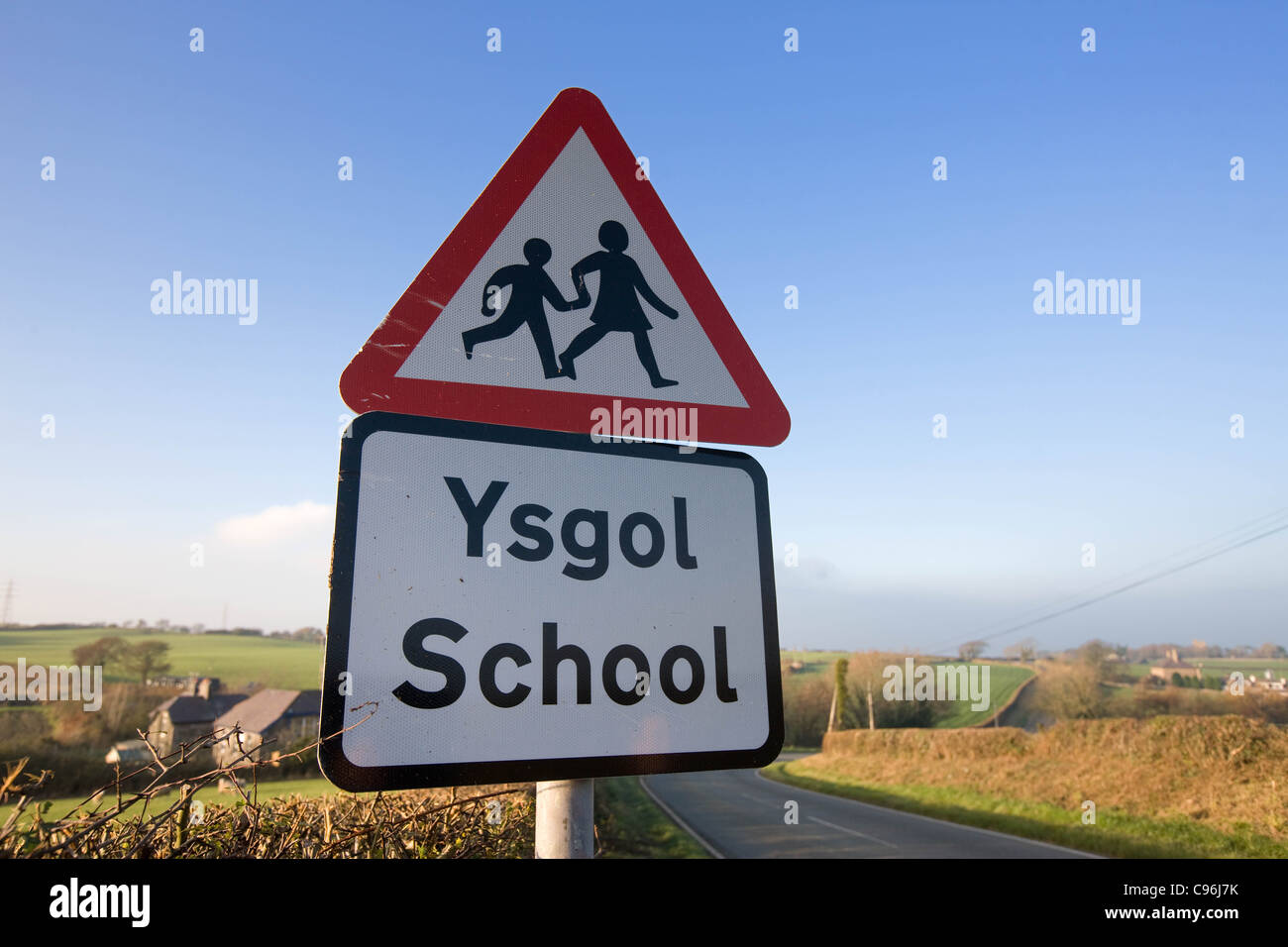 School,Ysgol Road Sign in Wales Stock Photo