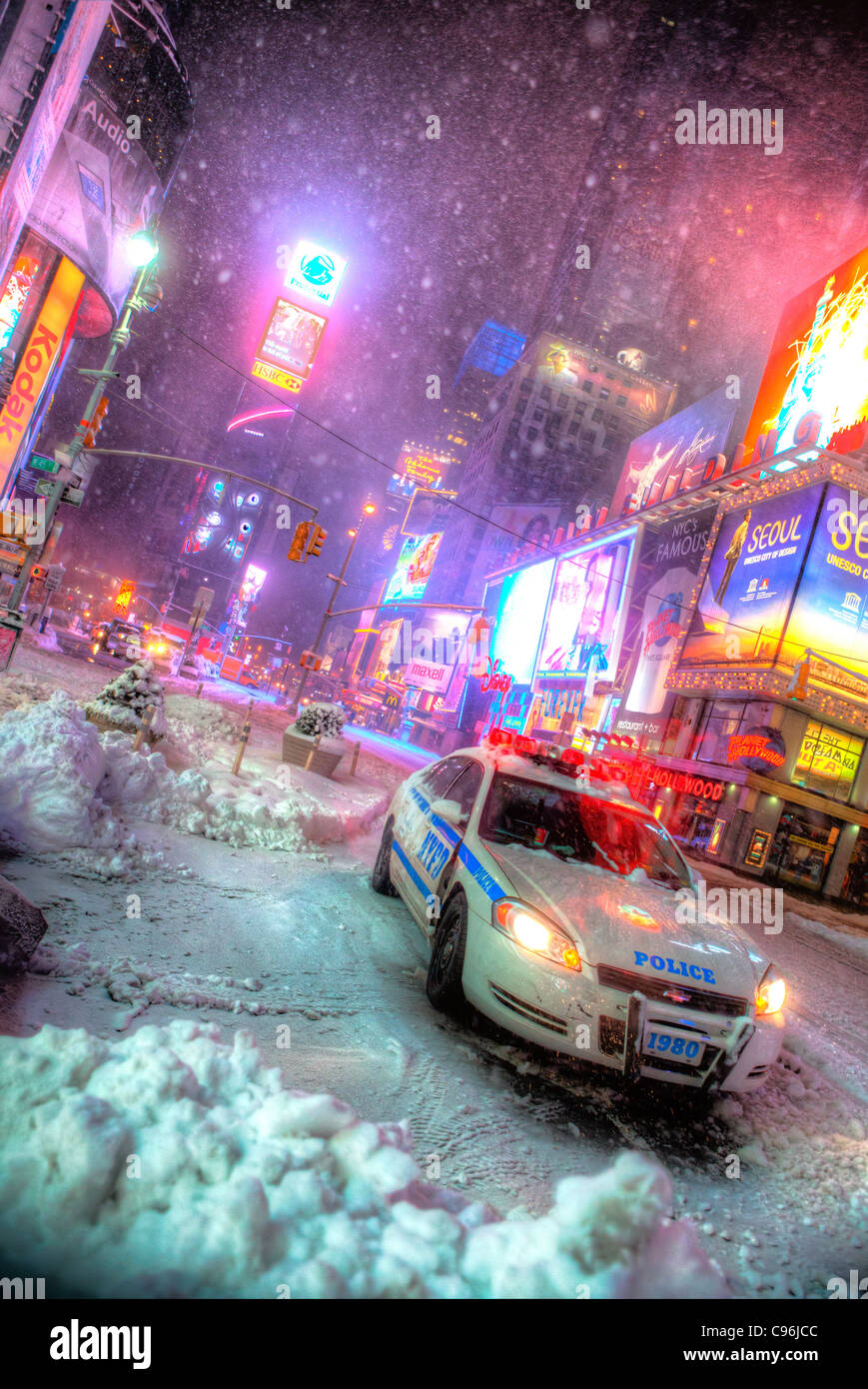 NYC Police car in Times Square snow Stock Photo