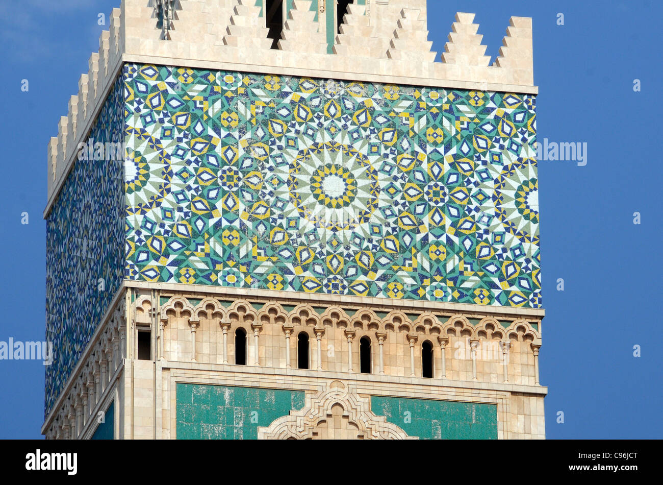 Close-up of the Hassan II mosque's minaret in Casablanca, Morocco, is one of the largest Muslim religious building in the world. Stock Photo