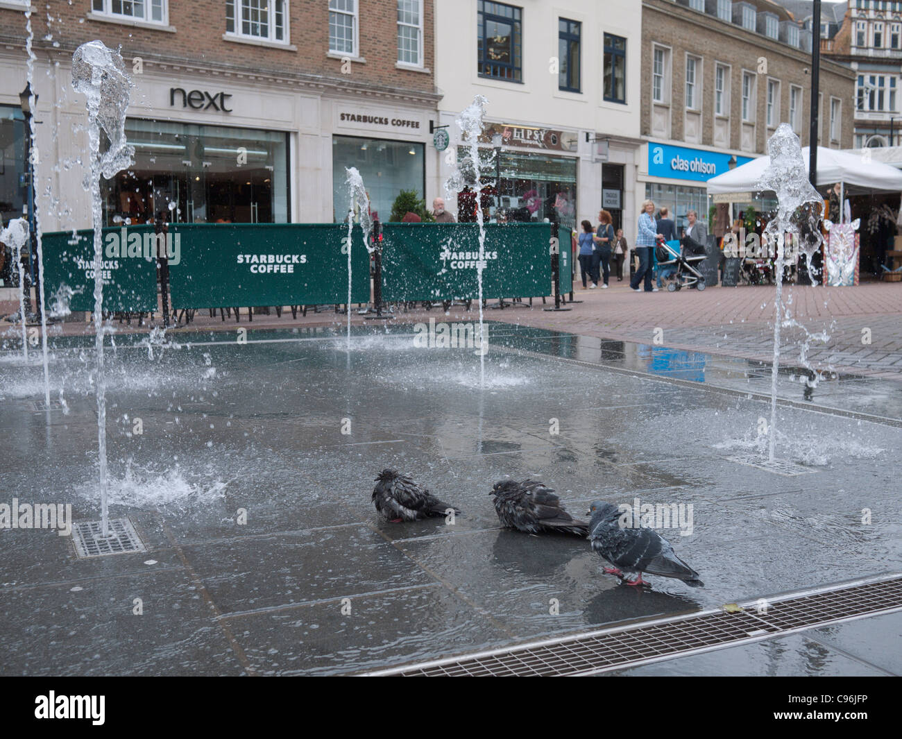 Birds take a shower in the plaza fountain in Kingston, London, Market