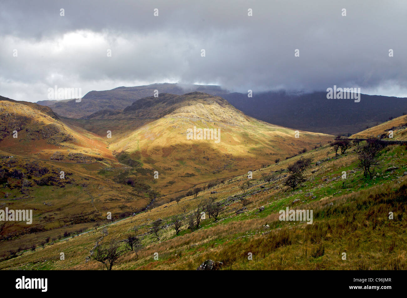 Nant Gwynant valley looking towards the Llanberis pass, North Wales Stock Photo