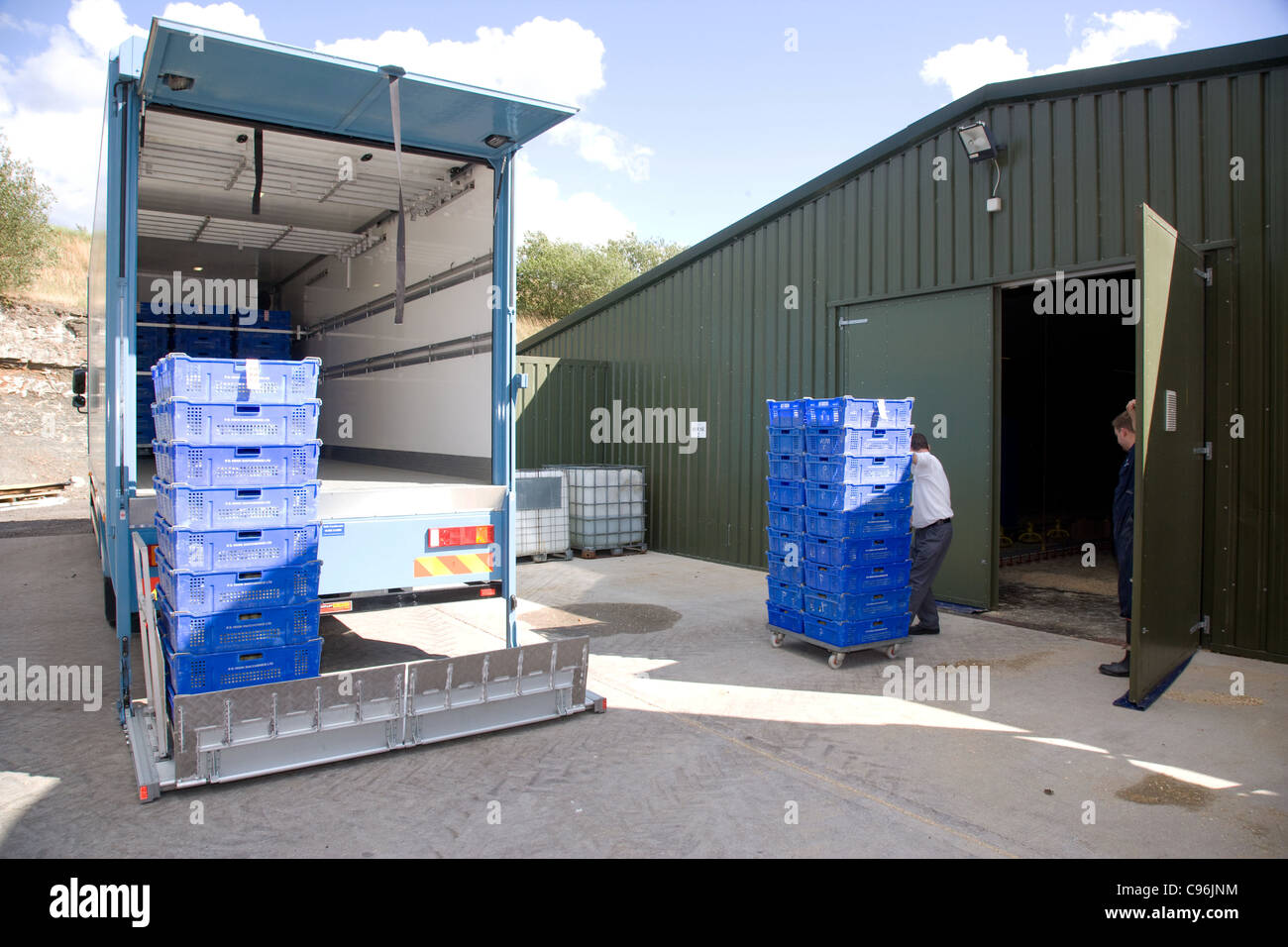 Chicks being delivered to a Chicken Farm Stock Photo