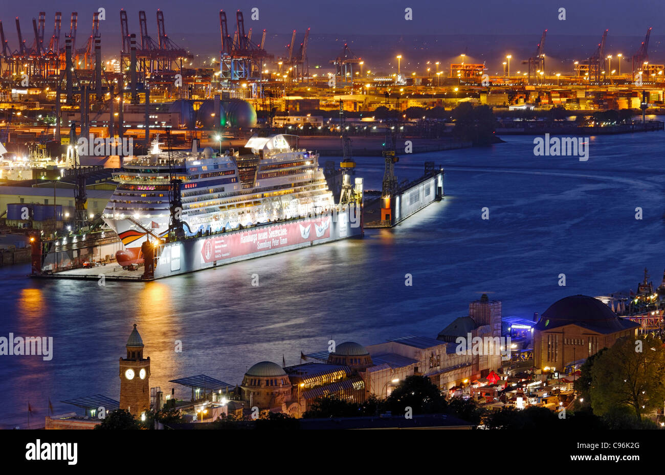 Aerial view, Aida Cruiseship, passenger ship, Elbe dry dock, Blohm and Voss dockyard, Hamburg, Germany, Europe Stock Photo
