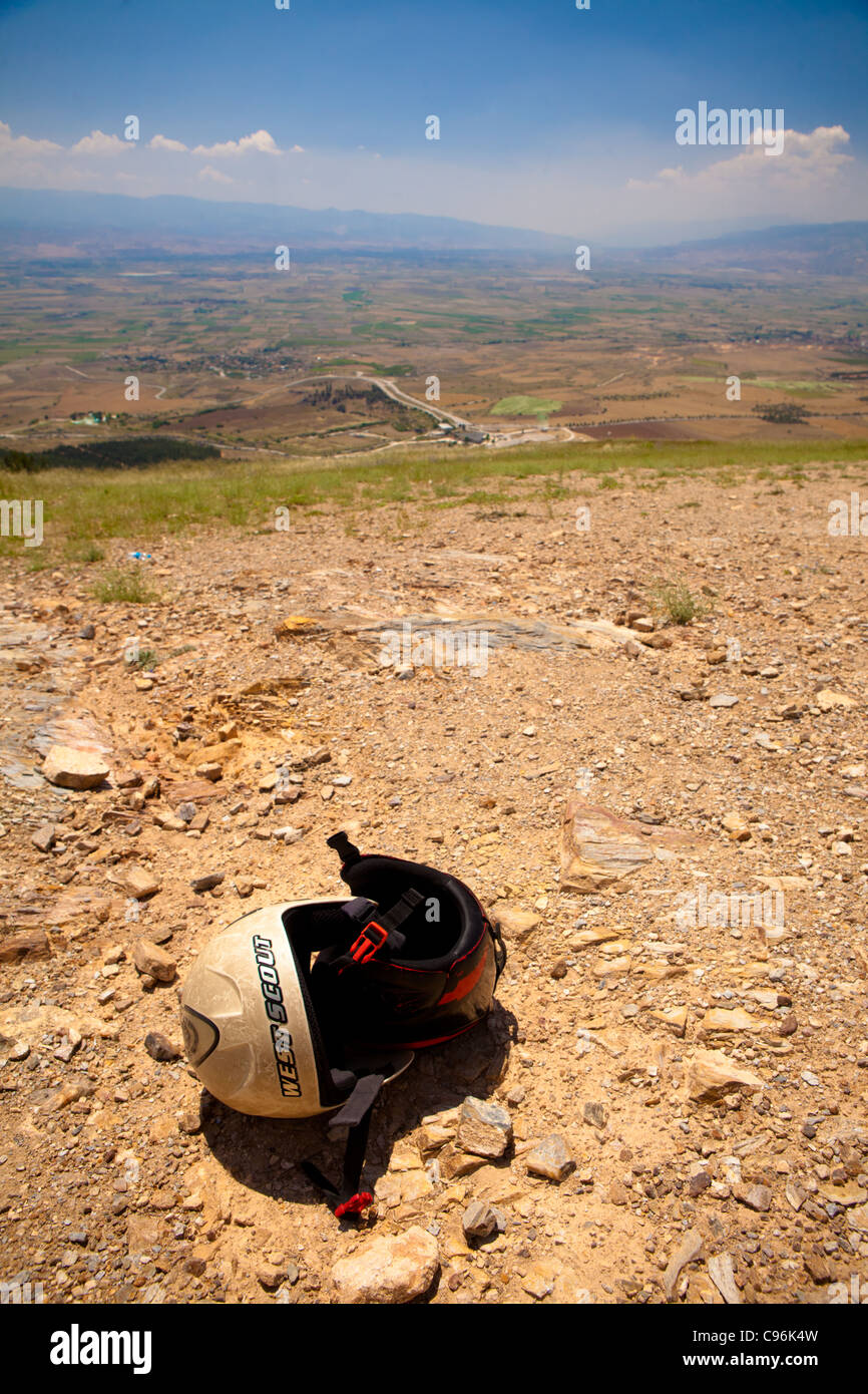 Paragliding helmet on mountain - Pamukkale, Turkey Stock Photo
