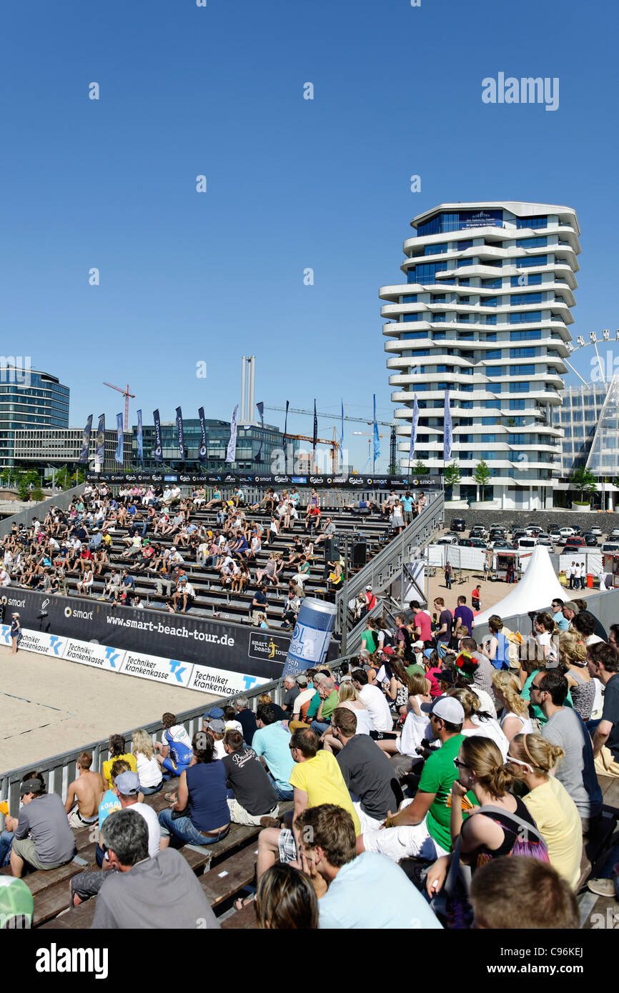 Beach Volleyball Contest in Front of Marco-Polo-Tower and the Unilever headquarters on the Strandkai quay, Hamburg Stock Photo