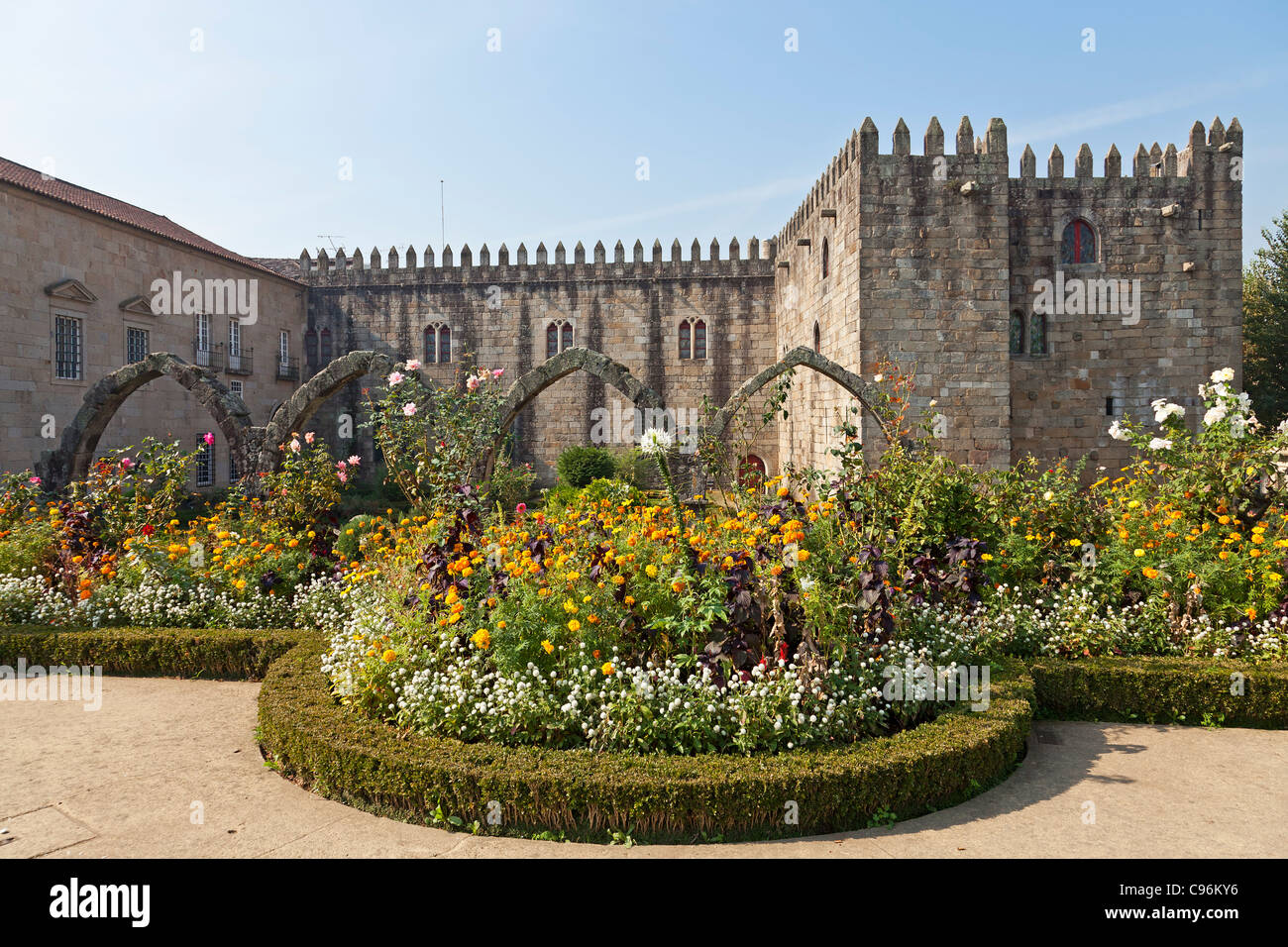 Santa Barbara garden with the medieval Episcopal Palace of Braga, Portugal. Stock Photo