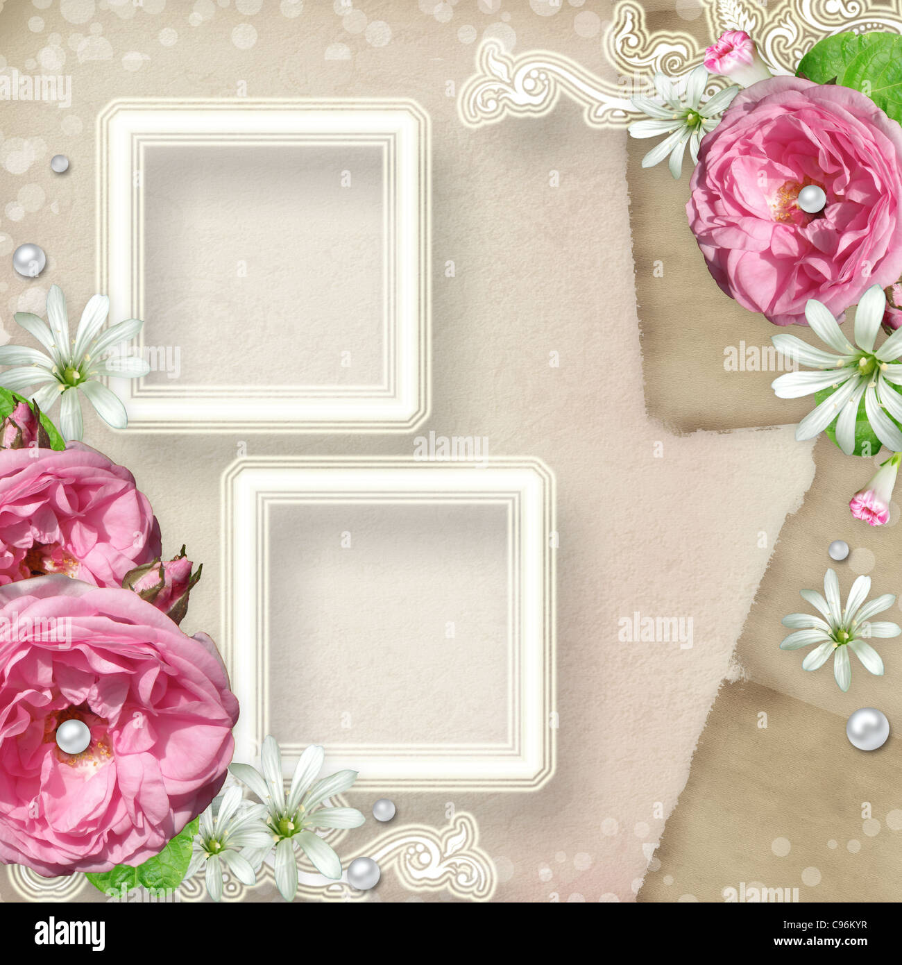 Vintage Photo Frame with pink roses and pearls Stock Photo - Alamy