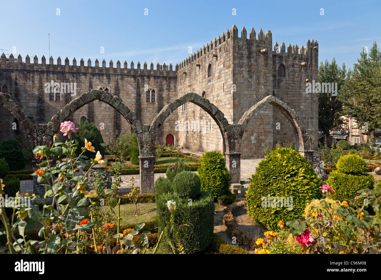 Santa Barbara garden with the medieval Episcopal Palace of Braga, Portugal. Stock Photo