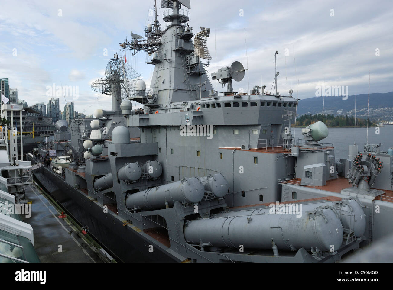 Russian missile cruiser Varyag, berthed at Canada Place. 35 years since a Russian Naval vessel has visited Vancouver. Stock Photo