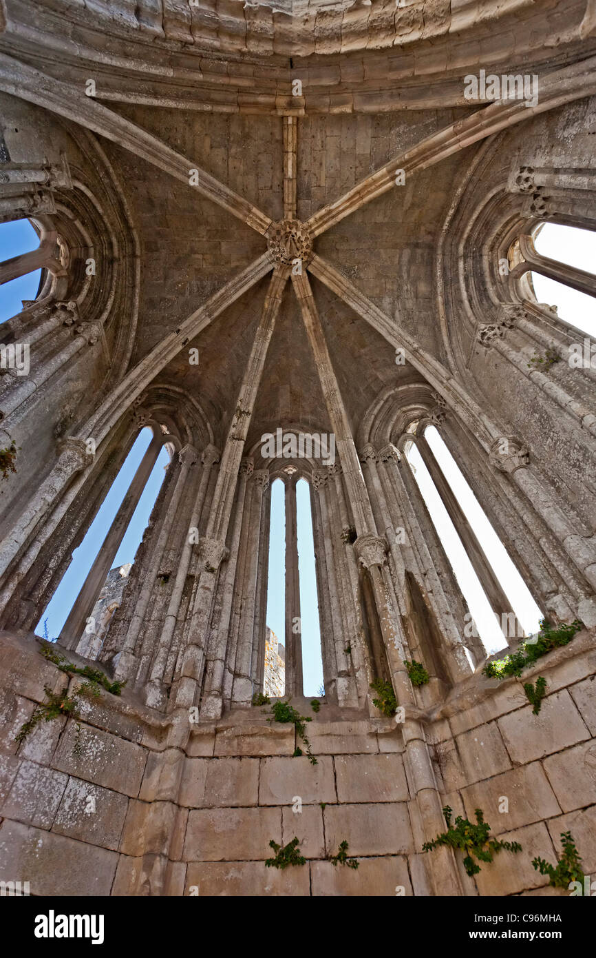 Apse vault of the Nossa Senhora da Pena Church (aka Santa Maria da Pena) ruins, inside the Leiria Castle. Leiria, Portugal. Stock Photo