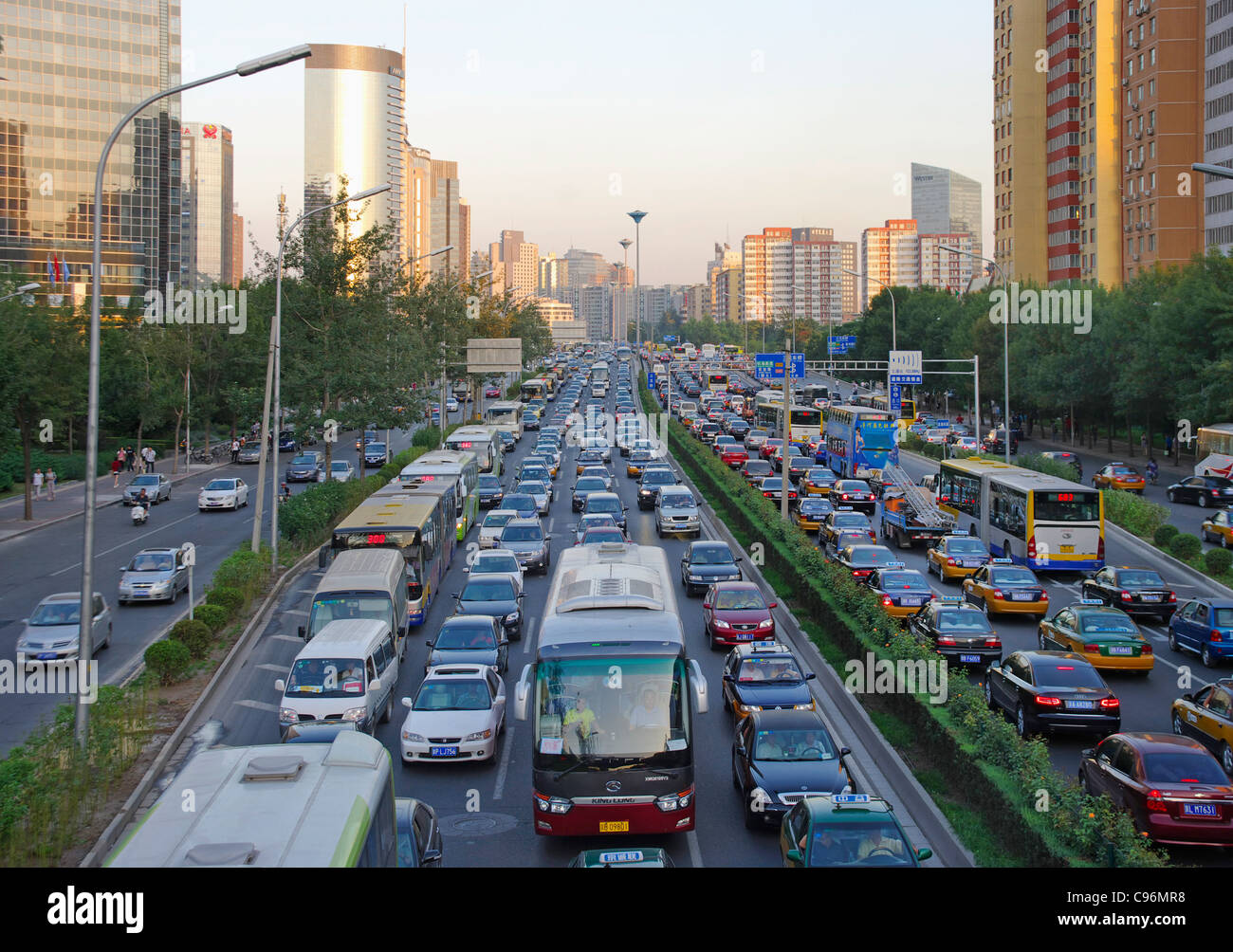 the traffic queue at downtown of Beijing,China . Stock Photo