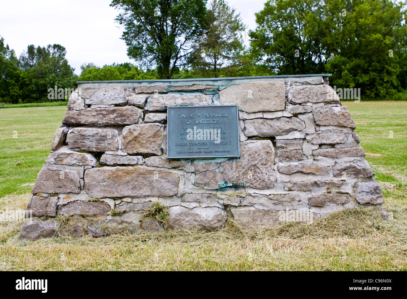 Monument depicting 45th parallel North that passes through Long Sault, Ontario, Canada. Stock Photo
