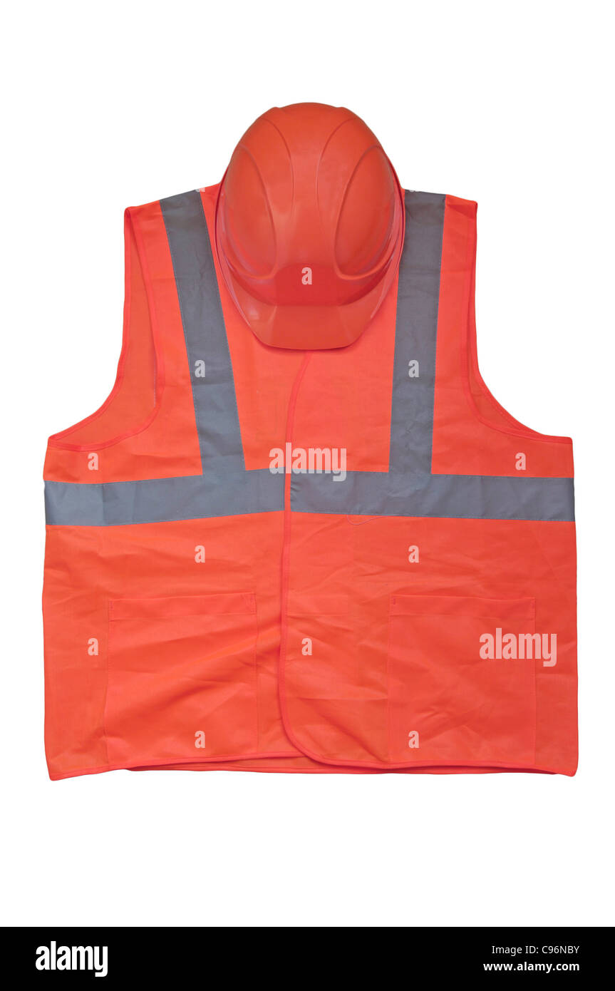 yellow high visibility vest and protective helmet on white background ...