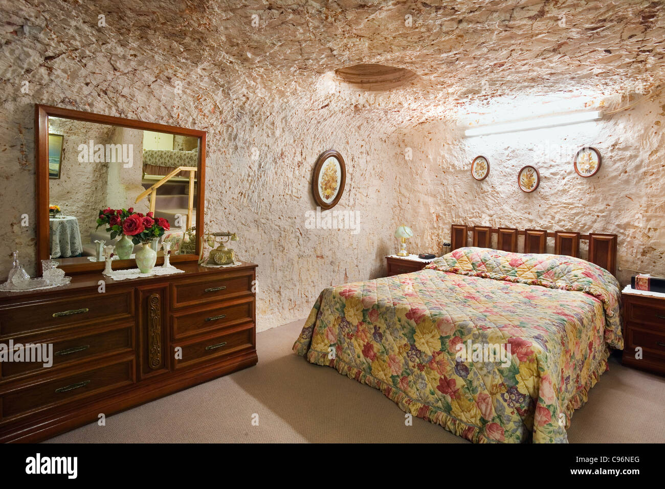Bedroom in Faye's underground home.  Coober Pedy, South Australia, Australia Stock Photo