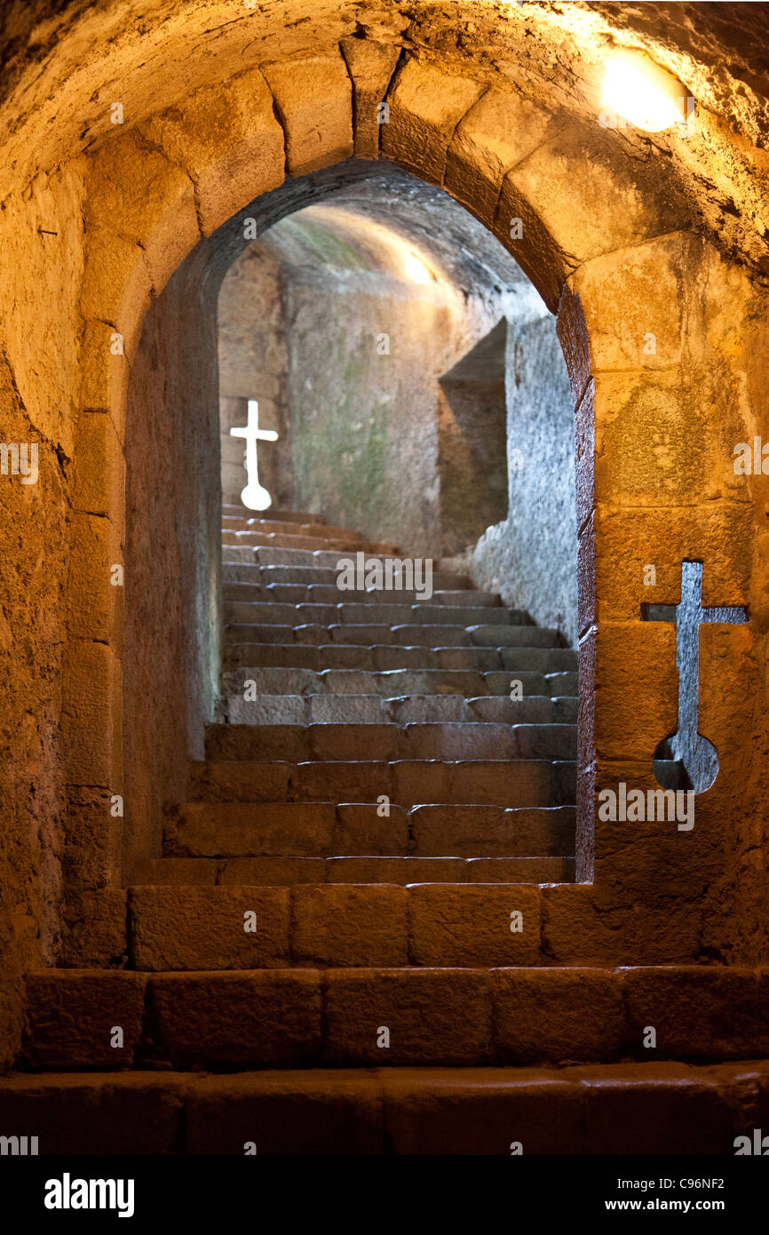 Subterranean Staircase with Embrasures in the Feira Castle. Santa Maria da Feira, Portugal. Stock Photo
